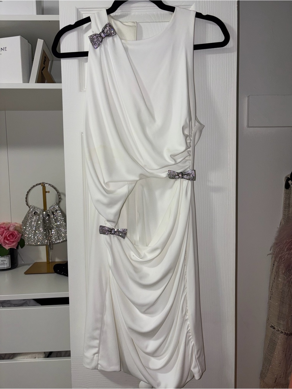 Zara White Draped Sleeveless Cocktail Dress with Crystal Bow Embellishments